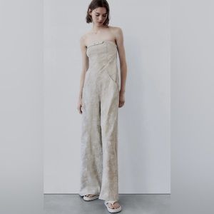 Zara Printed Linen Blend Strapless Jumpsuit